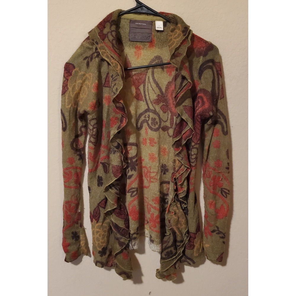 Guinevere Anthropologie Mohair Merino Wool Ruffle Floral Cardigan Green Small